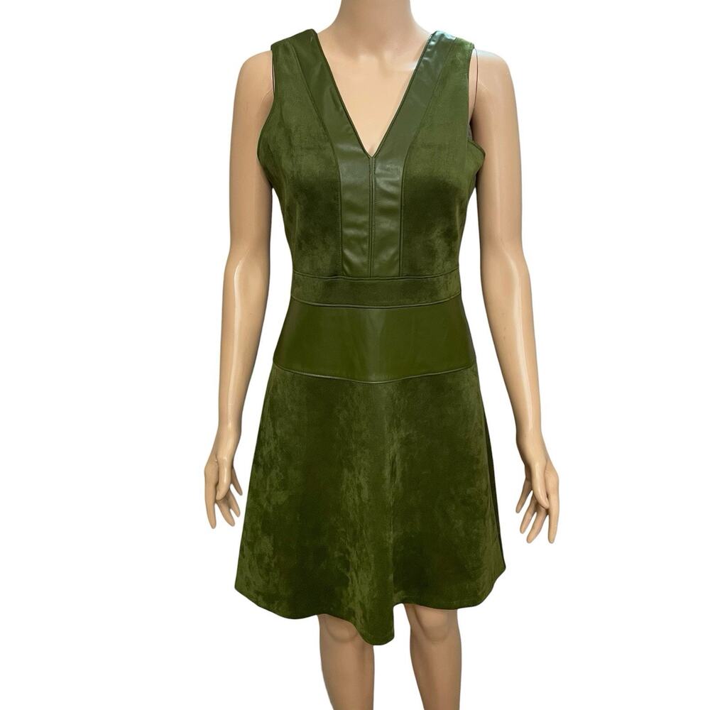 DKNY Faux Suede Fit And Flare Dress Size 2 Green Knee Length Career Minimalist